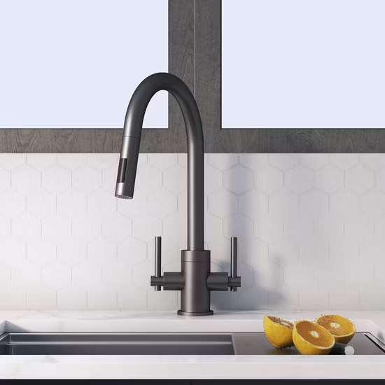 High End Brushed Nickel Brass Pull Down Kitchen Faucet with Double Handle