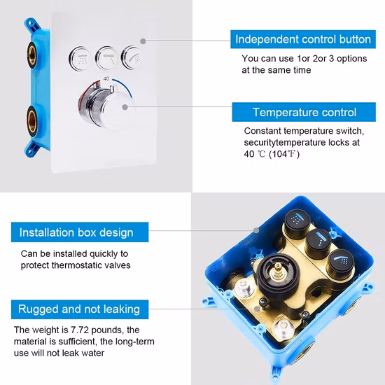 Ceiling Shower Head System - 12 Inch LED Square Rain Shower Head with Handheld Spray and Body Multi Jets Rainfall Combo Set - Thermostatic Valve